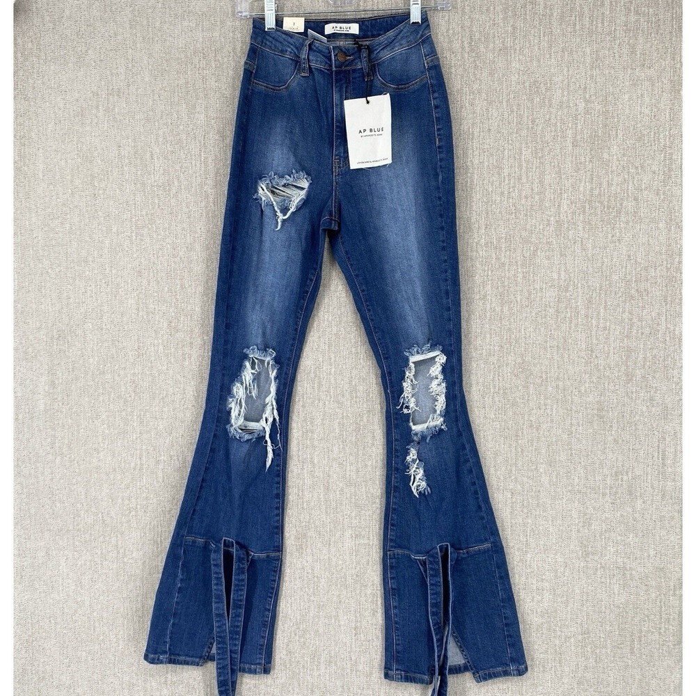 AP BLUE‎ Distressed Flare Jeans 3 Blue Denim High Rise Ripped Hem Tie